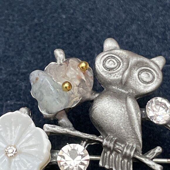 Owl On A Branch Brooch Natural Stone Flower Hijab Pin Costume Jewellery - Picture 5 of 9